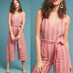 Anthropologie Ett:Twa Robin Striped Wide Leg Jumpsuit Red White Cotton Preppy SP